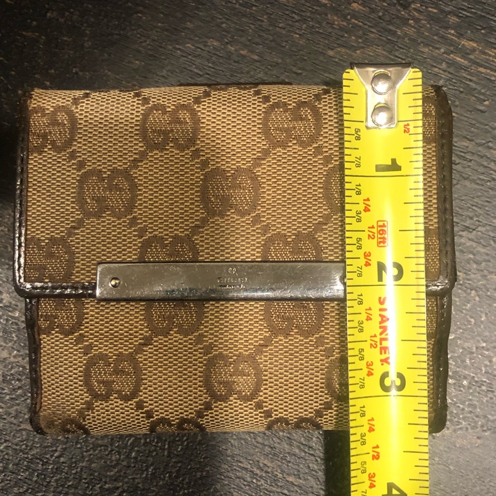 GUCCI GG Trifold Canvas Jacquard Wallet Tan Brown Leather Accent - Picture 14 of 17